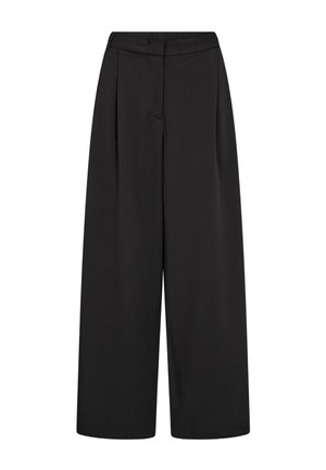 Černé široké kalhoty s vysokým pasem a předními záhyby, vybavené skrytým zapínáním vpředu.