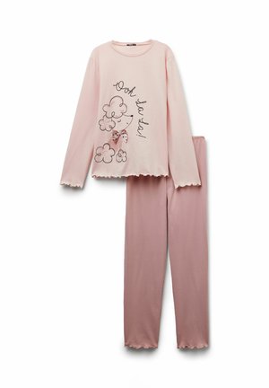 Light pink long-sleeve pajama set with ruffled edges, featuring a cartoon poodle and "Ooh La La!" text with a polka-dot bow on the top.