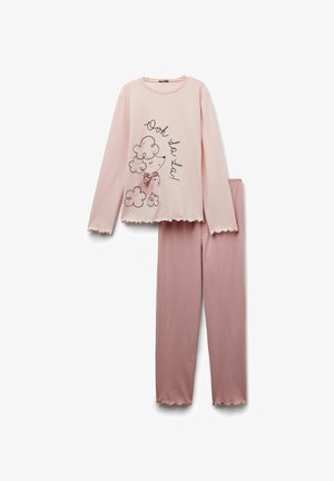 Hellrosa langärmiges Pyjama-Set mit Rüschenkanten, das einen Cartoon-Pudel und den Schriftzug "Ooh La La!" mit einer gepunkteten Schleife auf dem Oberteil zeigt.