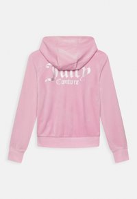 Pink velour hoodie with a cropped design, featuring a metallic silver "Juicy Couture" logo on the back, and a drawstring hood.
