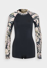 Drakblå våtdrakt med en tettsittende design, lange ermer og et blomstermønster i rosa, grønn og kremfargede toner på armene.