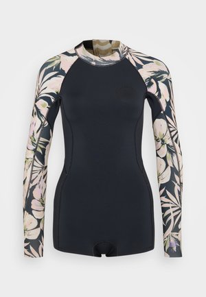 Wetsuit with a fitted design, dark navy body, and long sleeves featuring a floral pattern in pink, green, and cream tones on the arms.