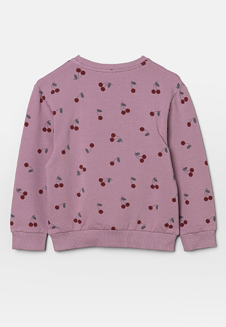 Roze sweatshirt met kersenpatroon in rood en grijs. Beschikt over een geribbelde kraag en boorden, lange mouwen en een relaxte pasvorm.