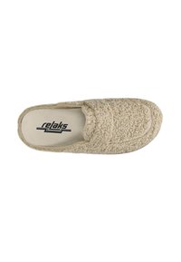 Beige fluffy slip-on slipper with a soft sole and "relaks" printed inside, designed for indoor comfort.