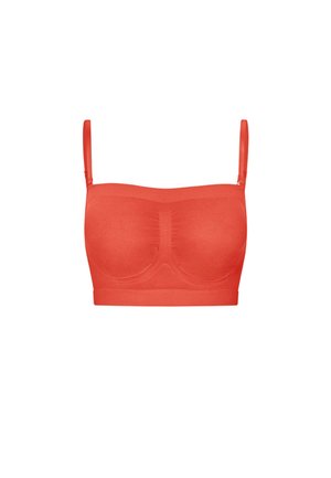 Sarkana bezšuvju bralete ar plānām regulējamām lencēm un vieglu polsterējumu, izstrādāta ērtībai un vieglai atbalstam.