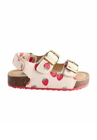 Erdbeer-musterte Sandalen mit zwei verstellbaren Riemen, Korkfußbett und roter Gummisohle. Leichter Stoff mit strukturierten Streifen.