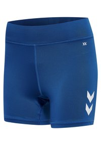 Shorts de sport bleus avec une taille haute, des coutures flatlock et deux logos chevrons blancs orientés vers le bas sur la partie inférieure de la jambe droite.