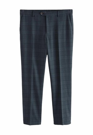 Pantalons à carreaux gris à coupe droite, avec une fermeture à bouton, deux poches latérales et un tissu légèrement texturé.