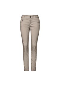 Beige-housut, joissa on slim fit -leikkaus, edessä nappi- ja vetoketjusulku, viisi taskua ja hieman joustavaa materiaalia mukavuutta varten.
