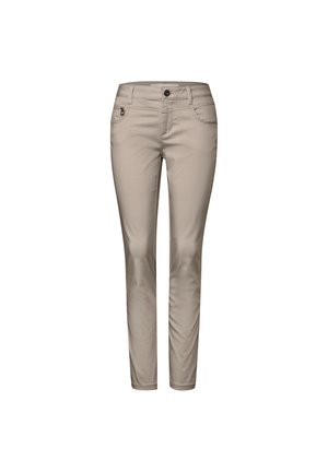 Beige trousers with a slim fit, featuring a front button and zip closure, five pockets, and slight stretch for comfort.