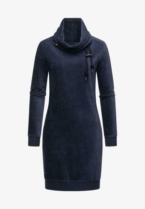 Abito felpa blu navy con collo a cowl in morbido tessuto, caratterizzato da maniche lunghe, polsini a coste e dettagli con cordini e braghette in legno.