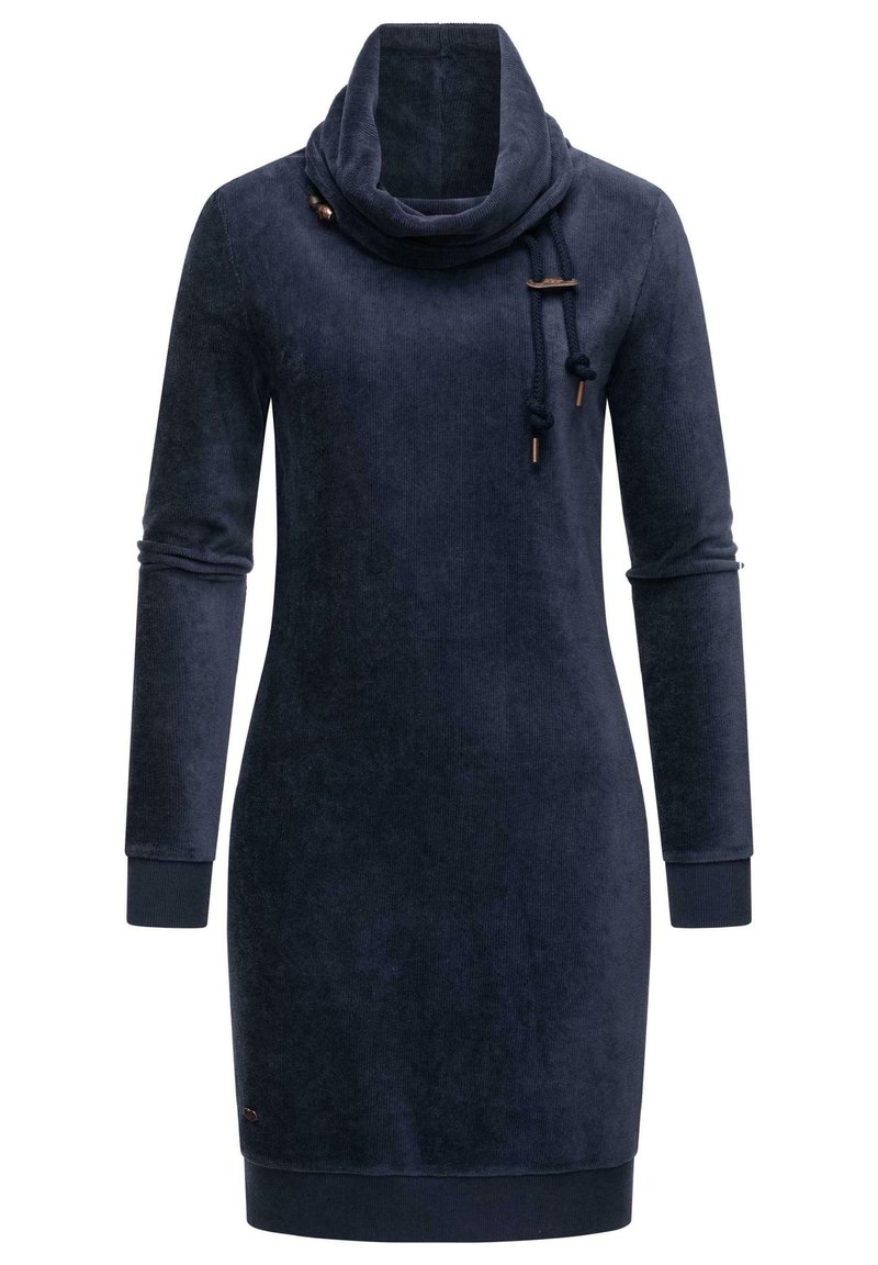 Navy blue cowl neck sweatshirt dress in soft fabric, featuring long sleeves, ribbed cuffs, and drawstring accents with wooden toggles.