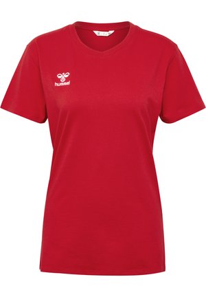 Röd bomulls-t-shirt med v-halsdesign. Har en vit logotyp på vänster bröstområde. Kortärmad och med en enkel textur.