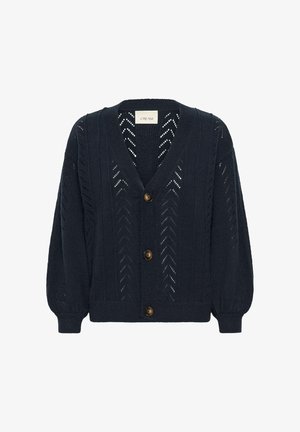 Cardigan lavorato a maglia di un blu navy scuro, con scollatura a V, caratterizzato da un motivo testurizzato, maniche a palloncino corte e tre bottoni marroni sul davanti.