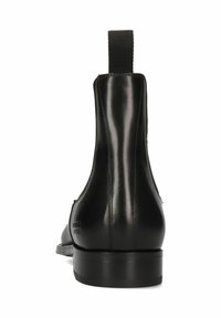 Botas de tobillo de cuero negro con un acabado liso, paneles laterales elásticos y punta redonda. Presentan un tacón bajo y resistente, con un diseño minimalista.