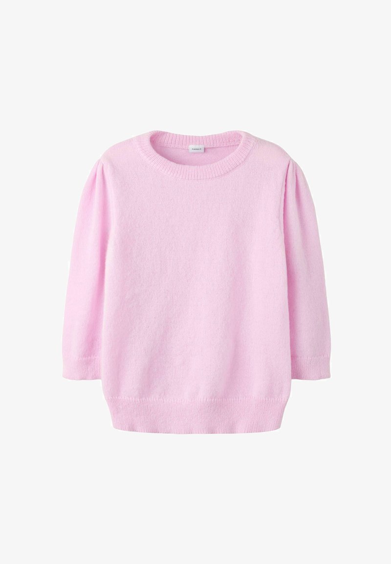 Pull en tricot rose clair avec manches longues bouffantes et col rond, poignets et ourlet côtelés.