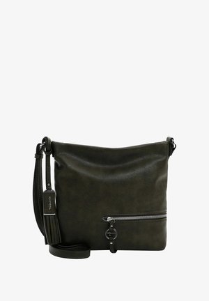 Mørkegrøn læder skuldertaske med en lynlåslomme foran, en frynsedetalje og en flad skulderrem. Glat tekstur og minimalistisk design.
