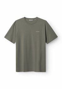 Tricou kaki cu mânecă scurtă din bumbac moale, cu gât rotund, tiv drept și un mic logo pe piept.