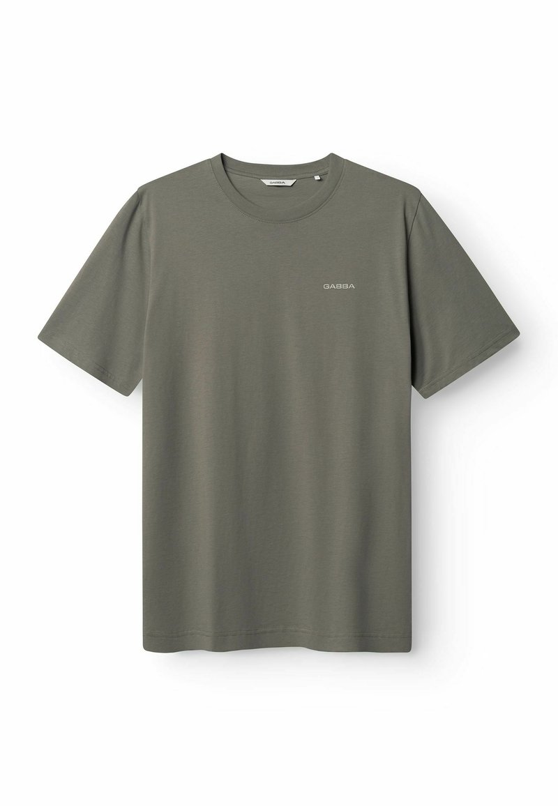 Tricou kaki cu mânecă scurtă din bumbac moale, cu gât rotund, tiv drept și un mic logo pe piept.