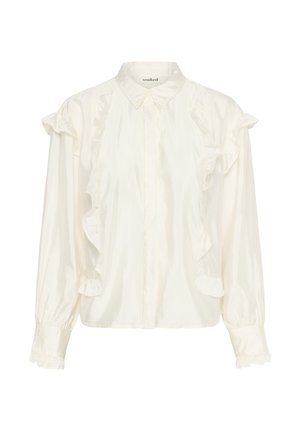 Hvid satinbluse med plisseret front, knaplukning og lange ærmer med elastiske manchetter. Glat tekstur og afslappet pasform.