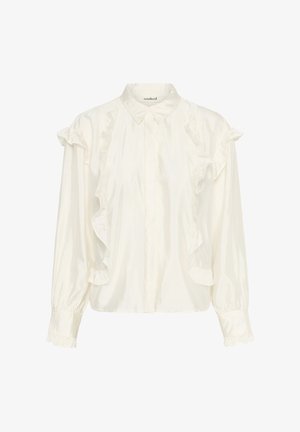 Bela satenska bluzica z naborkom spredaj, zapenjanjem na gumbe in dolgimi rokavi z elastičnimi manšetami. Gladka tekstura in sproščen kroj.