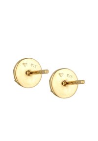 Aukso spalvos apvalūs auskarai su lygiu paviršiumi, turintys tiesią kojelę ir 925 sidabro antspaudą autentiškumui.