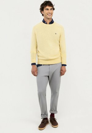Hombre sonriente de pie, vistiendo un suéter amarillo claro sobre una camisa azul oscura, pantalones gris claro, calcetines marrones y zapatos marrones sobre un fondo blanco.