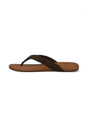 Bruine flip-flop sandaal met een brede donkerbruine band en een gevoerde beige zool, gezien in zijprofiel tegen een witte achtergrond.
