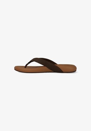 Brown flip-flop sandal with a wide dark brown strap and cushioned tan sole, shown in side profile against a white background.