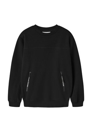 Sort langærmet crewneck-sweatshirt med to lodrette lynlåslommer markeret med "Urban Future" på de nederste forreste sider.