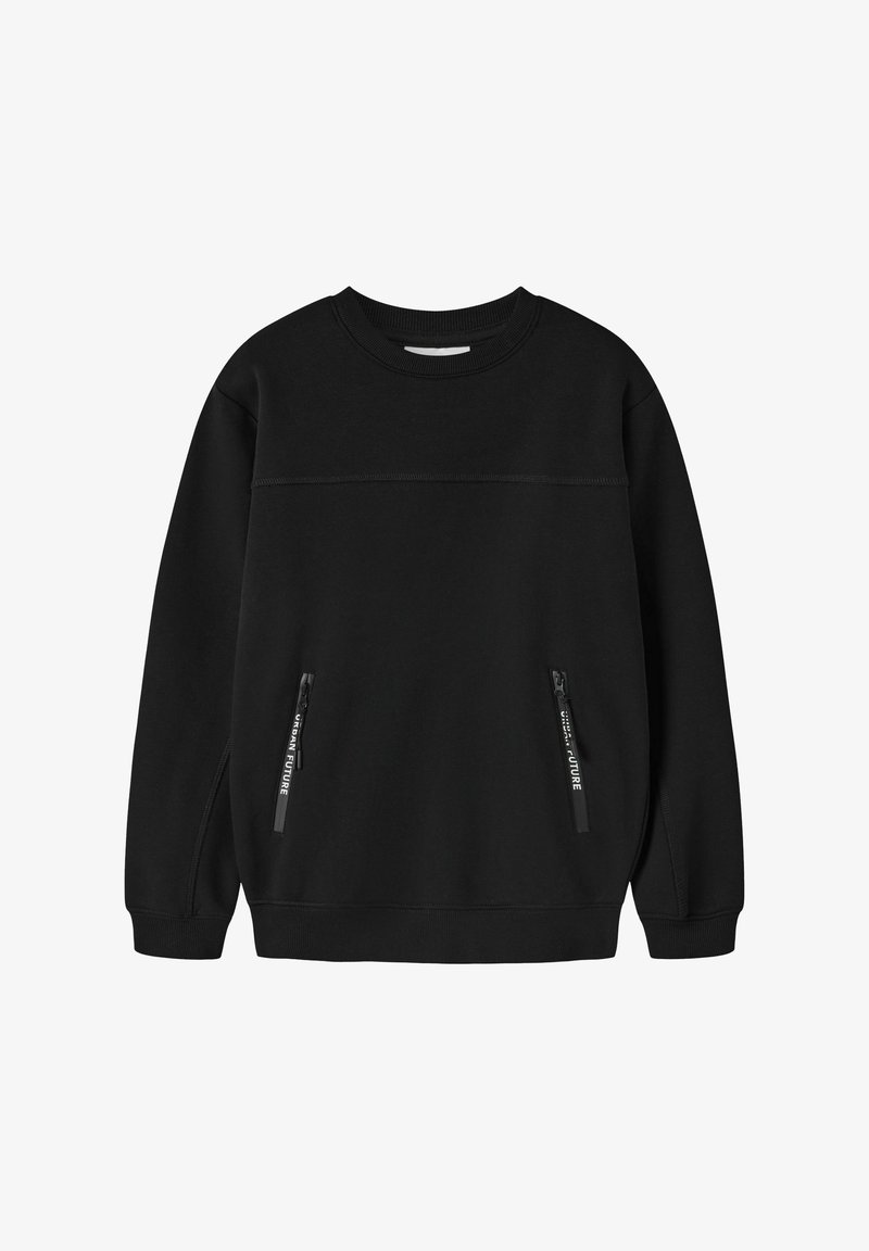 Sweat-shirt noir à manches longues avec col rond, doté de deux poches verticales zippées étiquetées "Urban Future" sur les côtés inférieurs à l'avant.