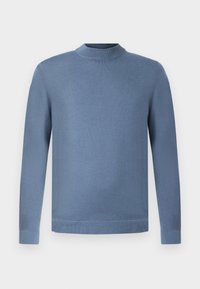 Herre langermet genser med rund hals i ensfarget dempet blå med ribbede detaljer i krage, mansjetter og nederkant.