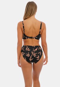 Black bikini set featuring a leaf pattern in pink. The top has narrow straps and a low back, while the high-waisted bottoms offer full coverage.