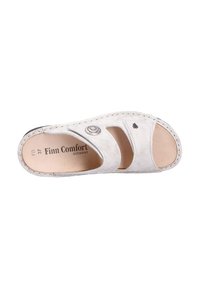 White leather sandal featuring two adjustable straps, rounded toe, textured surface, and a small decorative button on the side.