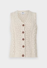 Krémová pletená vesta s výstřihem do V, se strukturovaným vzorem, pěti hnědými knoflíky na přední straně a žebrovaným lemem.