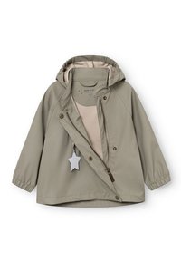 Imperméable à capuche beige clair pour enfants avec poignets élastiques, fermeture éclair à l'avant, boutons-pression et porte-clés réflecteur amovible en forme d'étoile.