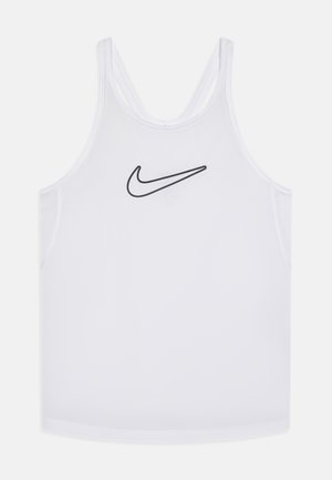 Weißes ärmelloses Nike Tanktop mit einem schwarzen Swoosh-Logo auf der Brust, gefertigt aus einem glatten, leichten Stoff mit dünnen Trägern.