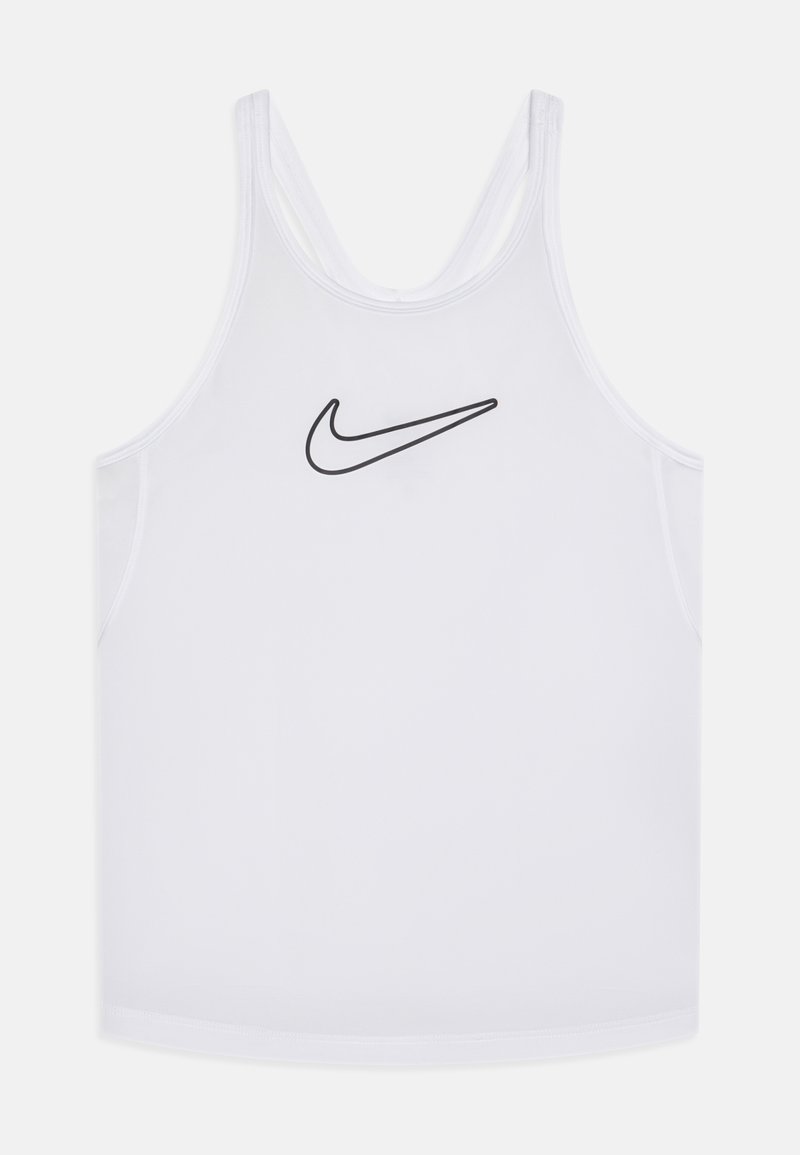 Weißes ärmelloses Nike Tanktop mit einem schwarzen Swoosh-Logo auf der Brust, gefertigt aus einem glatten, leichten Stoff mit dünnen Trägern.