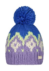 Knit beanie in blue, purple, and white. Features a textured pattern with a large blue pom-pom on top. Tag labeled "Barts."