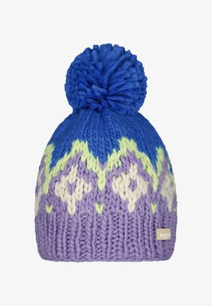 Knit beanie in blue, purple, and white. Features a textured pattern with a large blue pom-pom on top. Tag labeled "Barts."