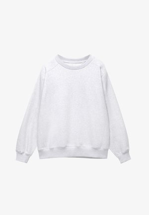 Sweat-shirt gris clair à col rond avec manches longues, poignets et ourlet côtelés, présenté sur fond blanc.