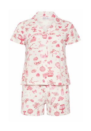 Kurzärmeliges Pyjama-Set mit Knöpfen und Shorts, verziert mit rosa partybasierten Symbolen auf weißem Hintergrund.