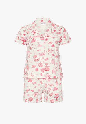 Kurzärmeliges Pyjama-Set mit Knöpfen und Shorts, verziert mit rosa partybasierten Symbolen auf weißem Hintergrund.