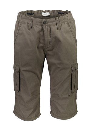 Pantaloni cargo color verde oliva, realizzati in cotone. Presentano due tasche laterali con pattine e passanti per cintura, lunghezza fino al ginocchio con dettagli cuciti.