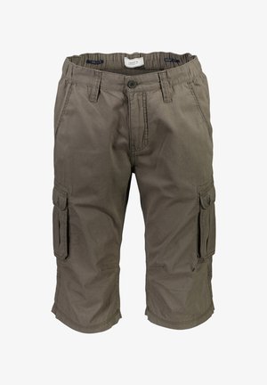 Pantaloni cargo color verde oliva, realizzati in cotone. Presentano due tasche laterali con pattine e passanti per cintura, lunghezza fino al ginocchio con dettagli cuciti.