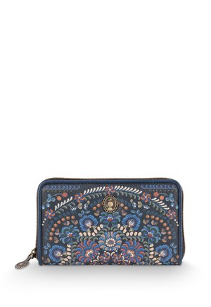 Rectangular navy wallet with blue, orange, and beige floral pattern, gold zipper, and a small round emblem on the front center.