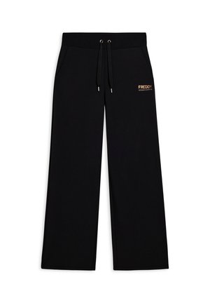 Pantaloni sportivi neri con vita regolabile, tasche laterali e un piccolo logo dorato sulla gamba sinistra. Realizzati in tessuto morbido e resistente.