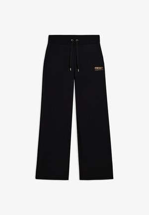 Pantaloni sportivi neri con vita regolabile, tasche laterali e un piccolo logo dorato sulla gamba sinistra. Realizzati in tessuto morbido e resistente.