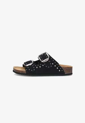 Sandalo nero slip-on con due fibbie argento e piccoli borchietti argento, plantare in sughero e suola nera testurizzata.