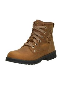 Bordeaux leren enkelboots met een gestructureerd oppervlak, gouden glanzende veters, hartvormige uitsnijding en rubberen zool voor grip.